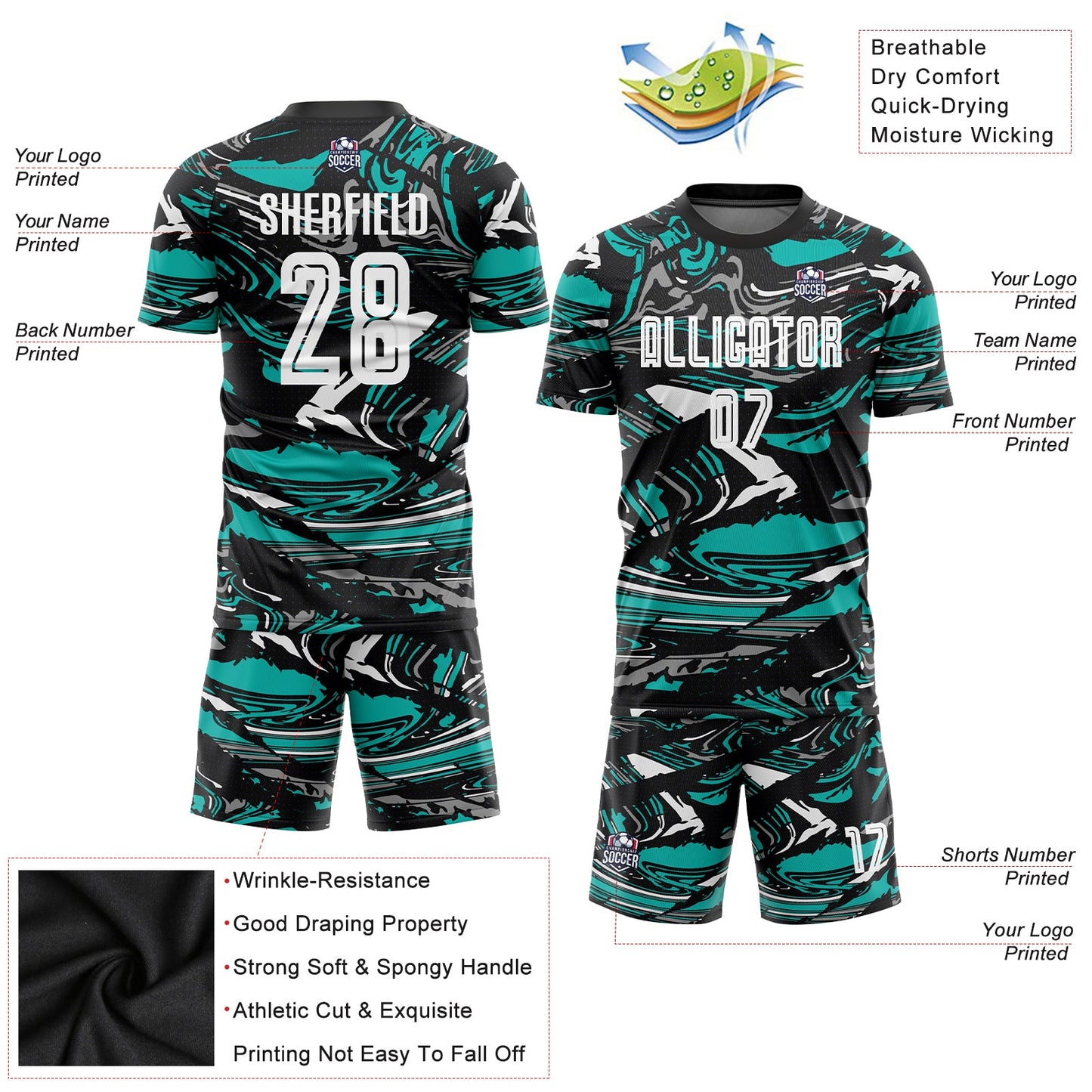 Custom Figure White-Aqua Sublimation Soccer Uniform Jersey Limited