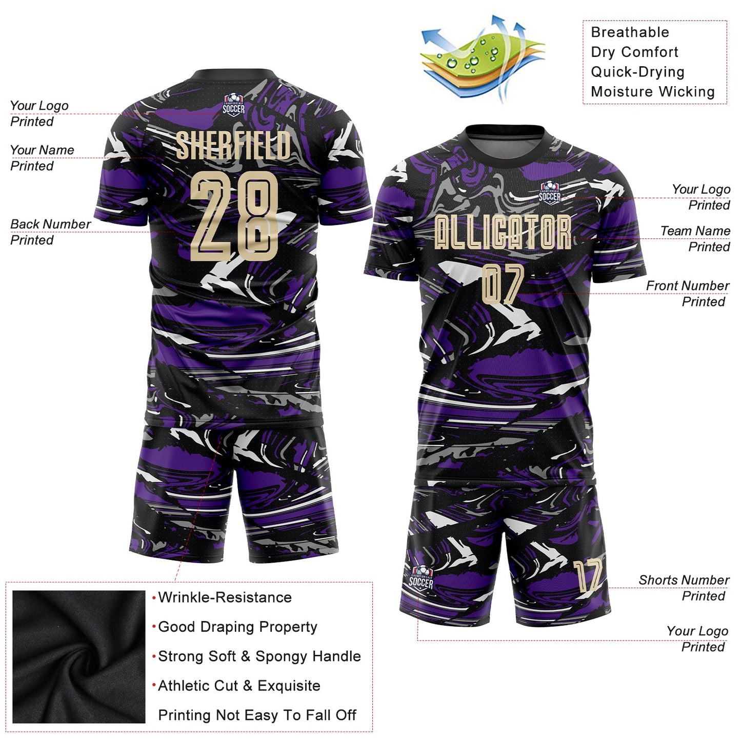 Custom Figure City Cream-Purple Sublimation Soccer Uniform Jersey Limited