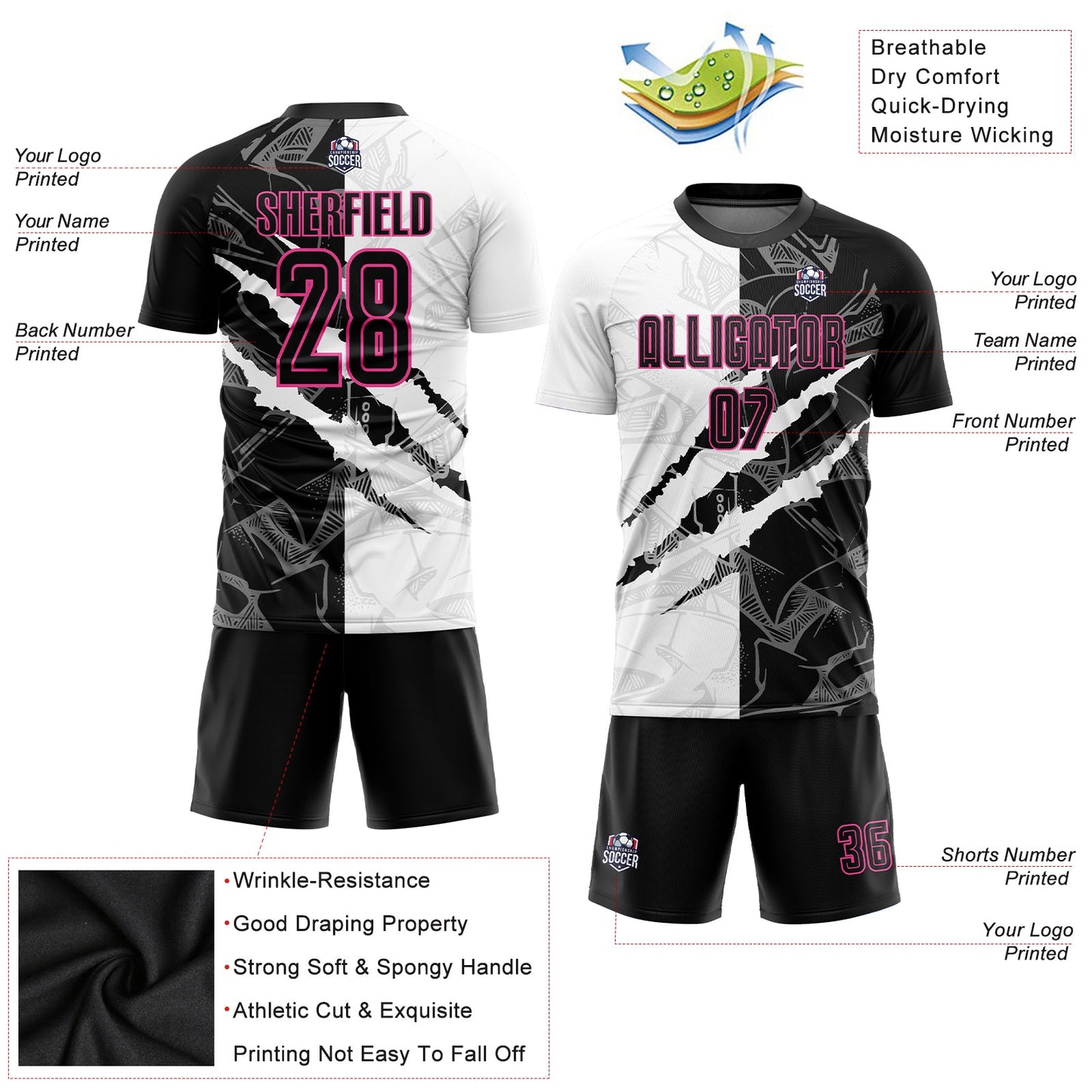 Custom Graffiti Pattern Black-Pink Scratch Sublimation Soccer Uniform Jersey Limited