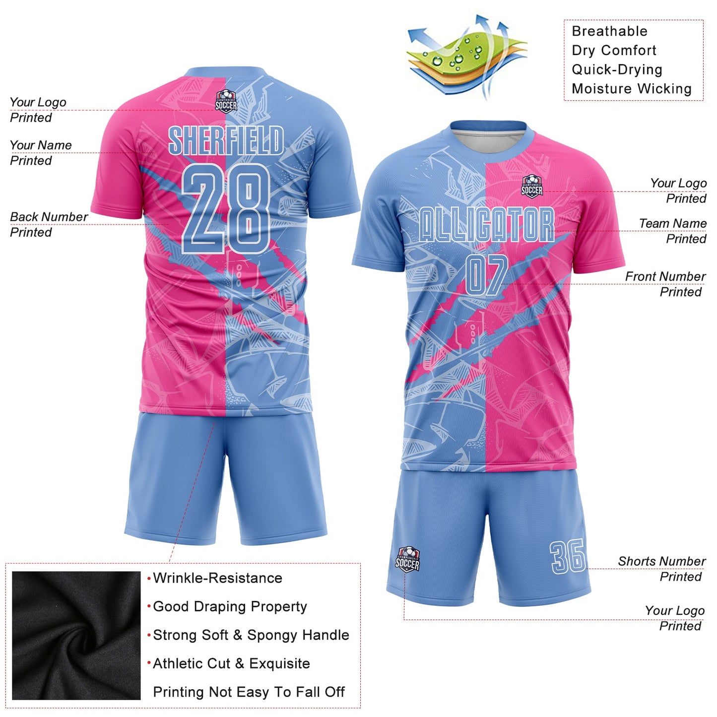 Custom Graffiti Pattern Light Blue-Pink Scratch Sublimation Soccer Uniform Jersey Limited