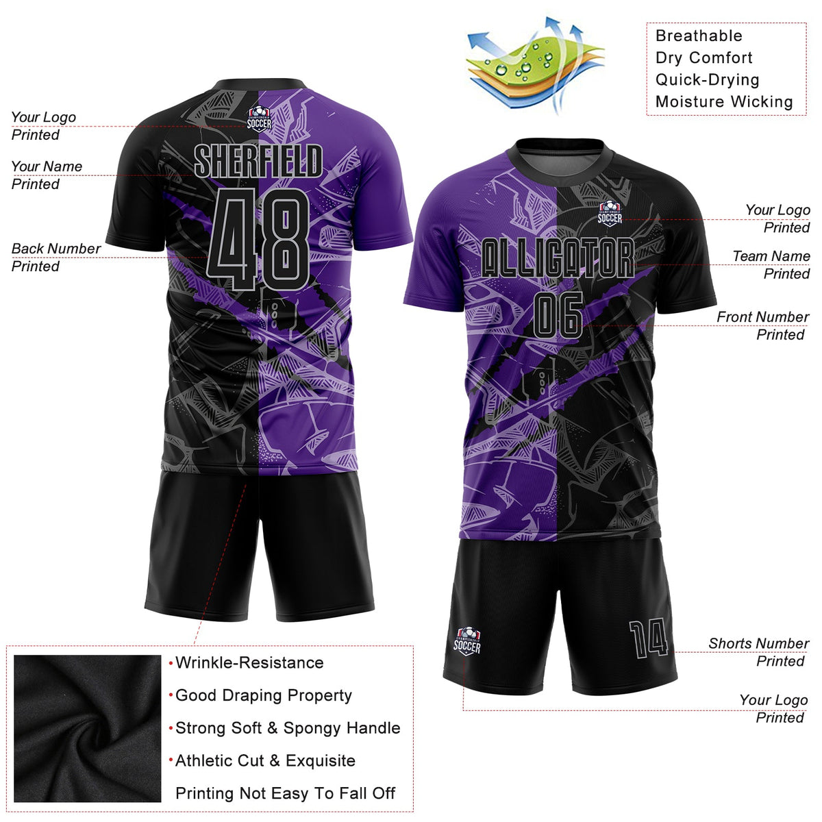 Custom Graffiti Pattern Black Purple-Gray Scratch Sublimation Soccer Uniform Jersey Limited