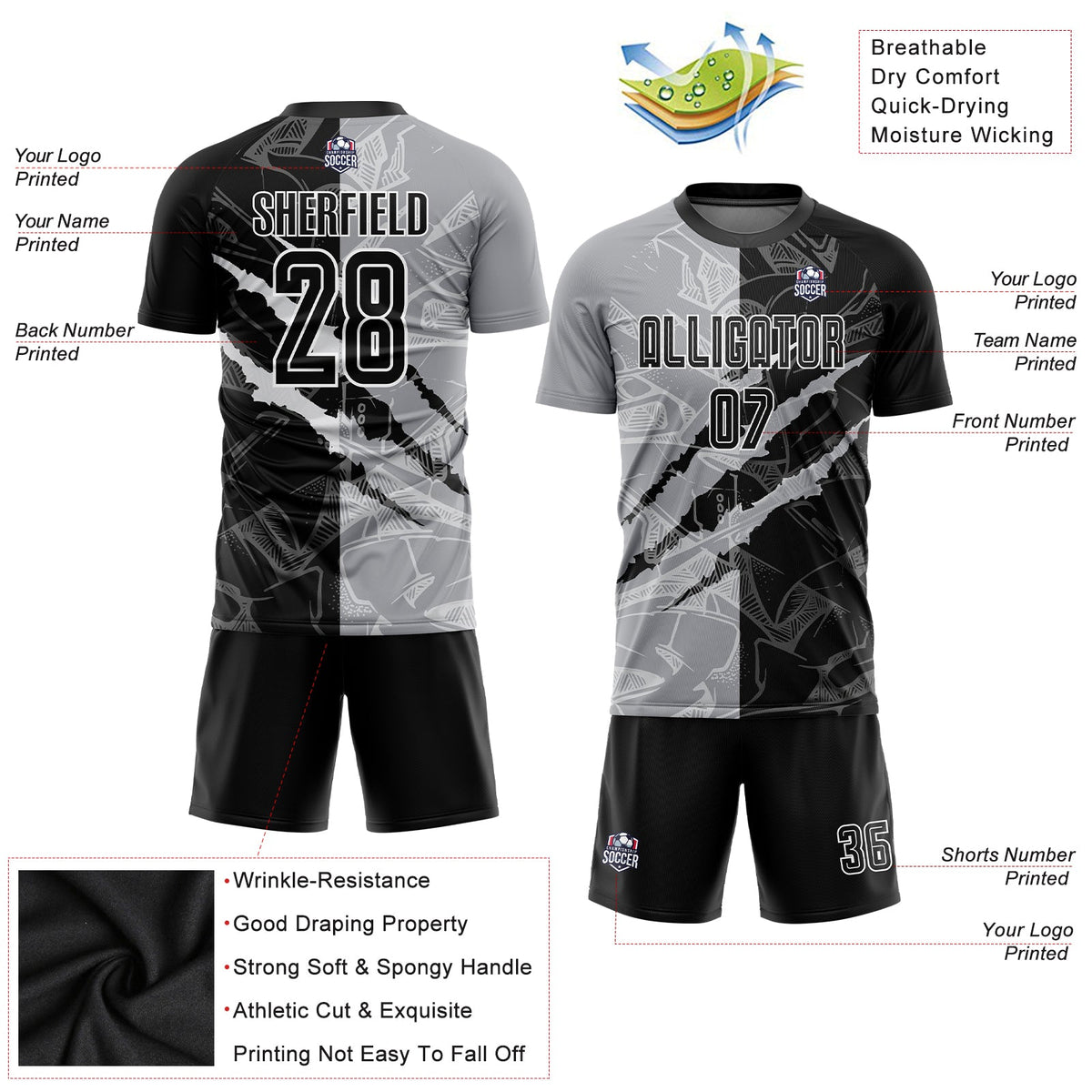 Custom Graffiti Pattern Black-Gray Scratch Sublimation Soccer Uniform Jersey Limited