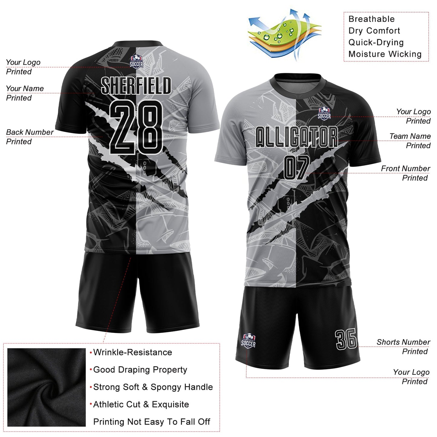 Custom Graffiti Pattern Black-Gray Scratch Sublimation Soccer Uniform Jersey Limited