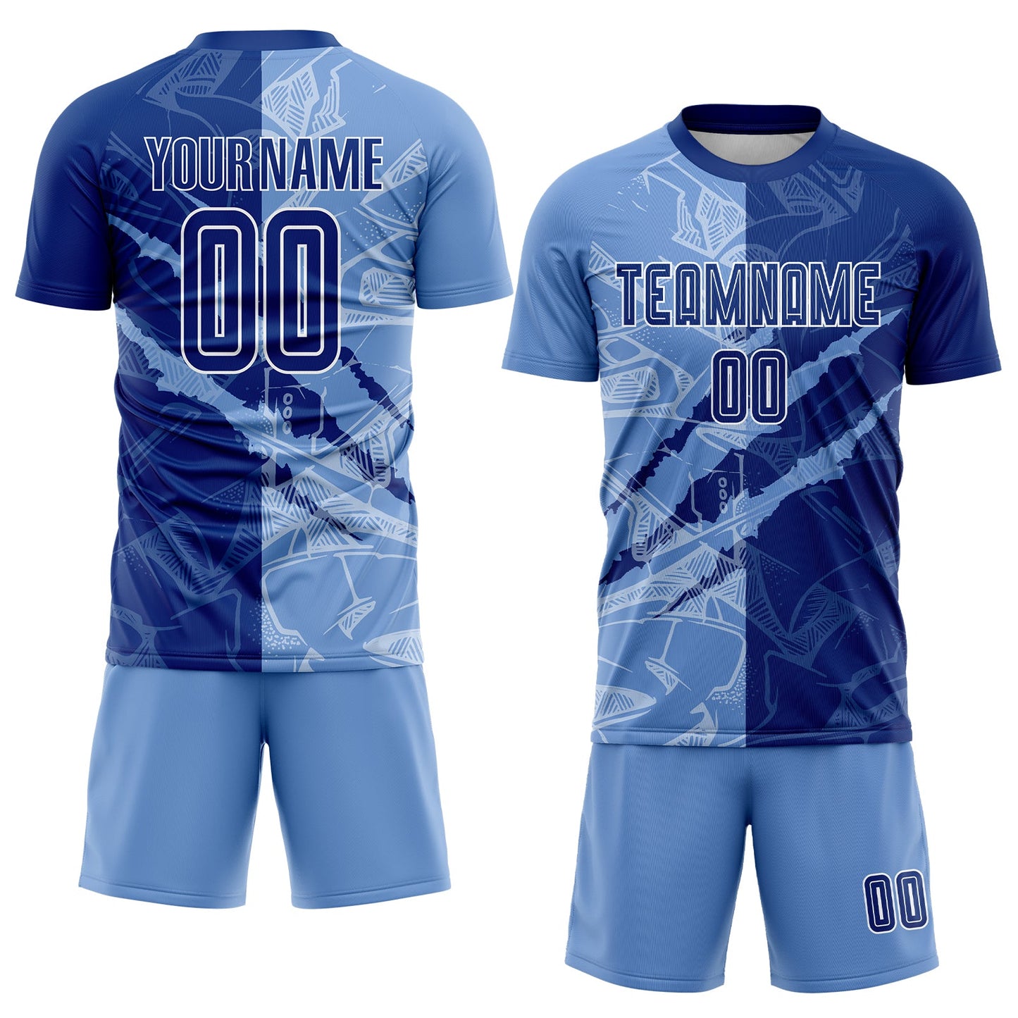 Custom Graffiti Pattern Royal-Light Blue Scratch Sublimation Soccer Uniform Jersey Limited