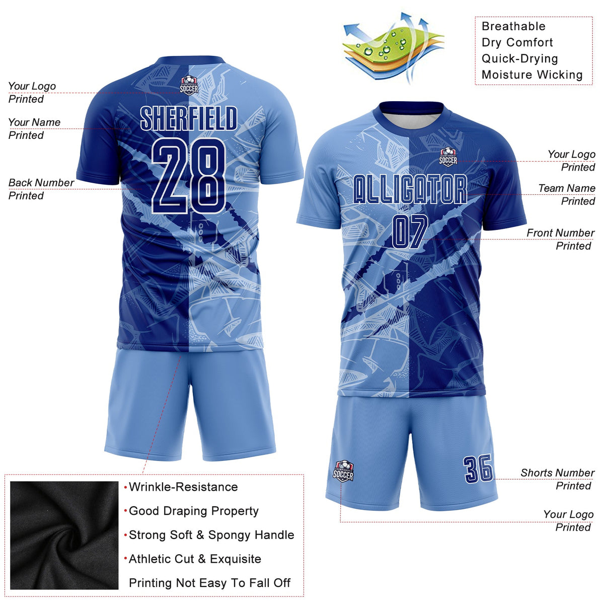 Custom Graffiti Pattern Royal-Light Blue Scratch Sublimation Soccer Uniform Jersey Limited