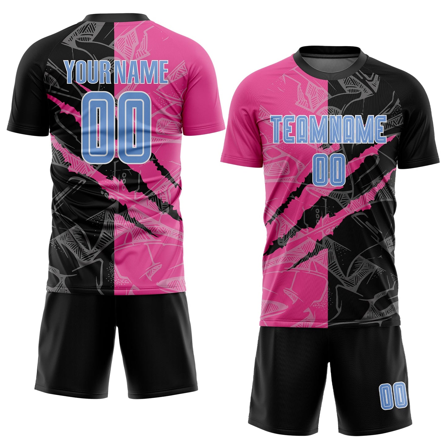 Custom Graffiti Pattern Light Blue Black-Pink Scratch Sublimation Soccer Uniform Jersey Limited