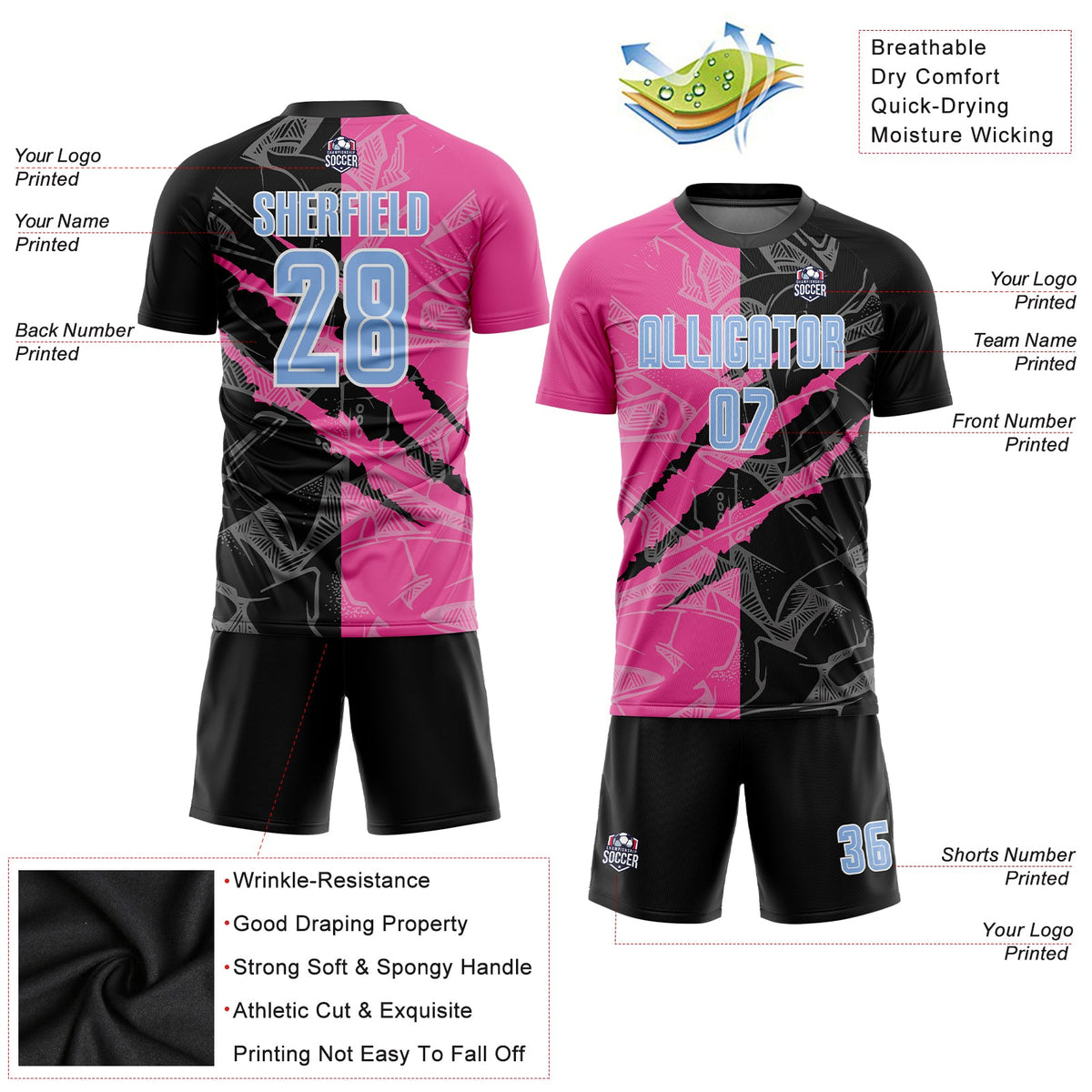 Custom Graffiti Pattern Light Blue Black-Pink Scratch Sublimation Soccer Uniform Jersey Limited