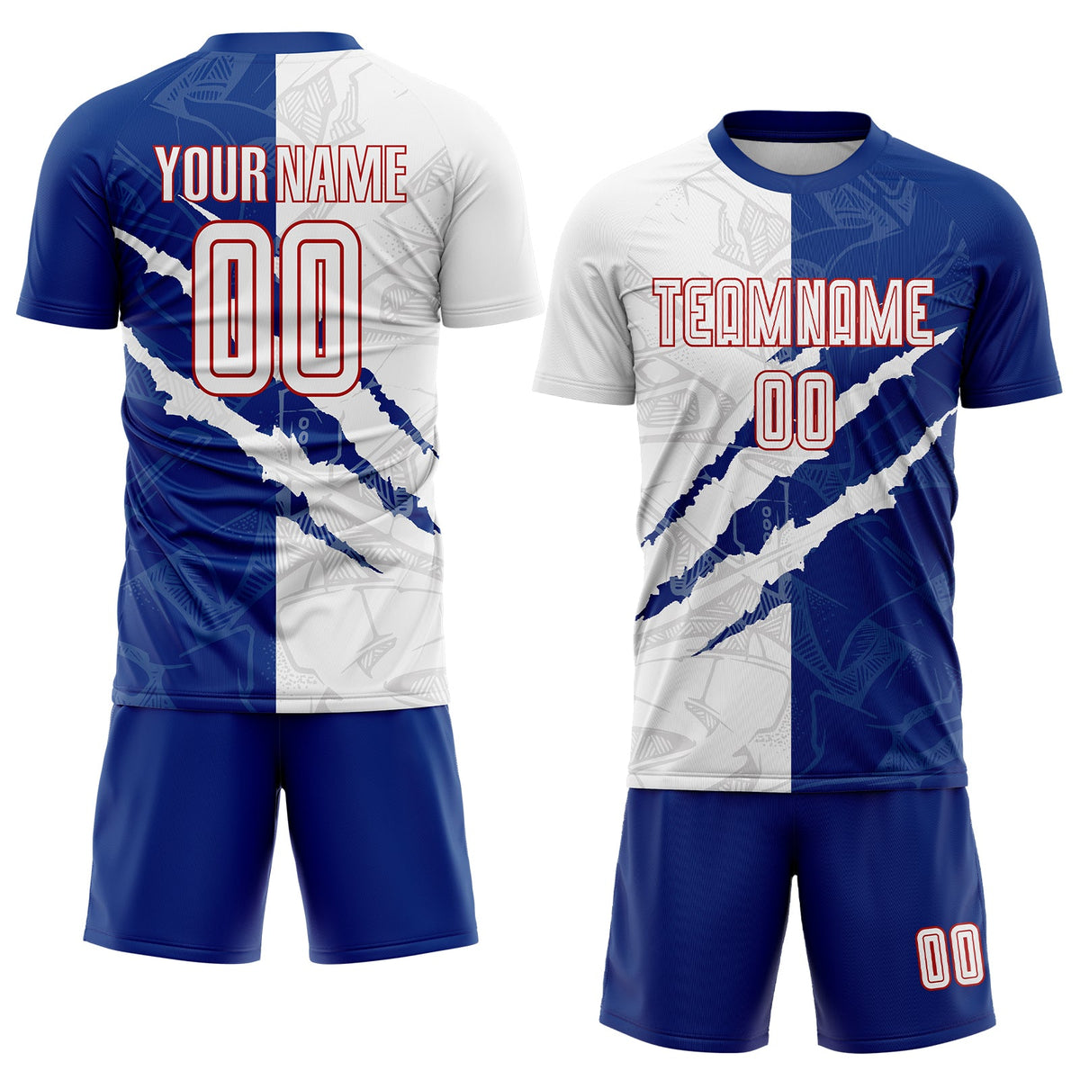 Custom Graffiti Pattern White Royal-Red Scratch Sublimation Soccer Uniform Jersey Limited
