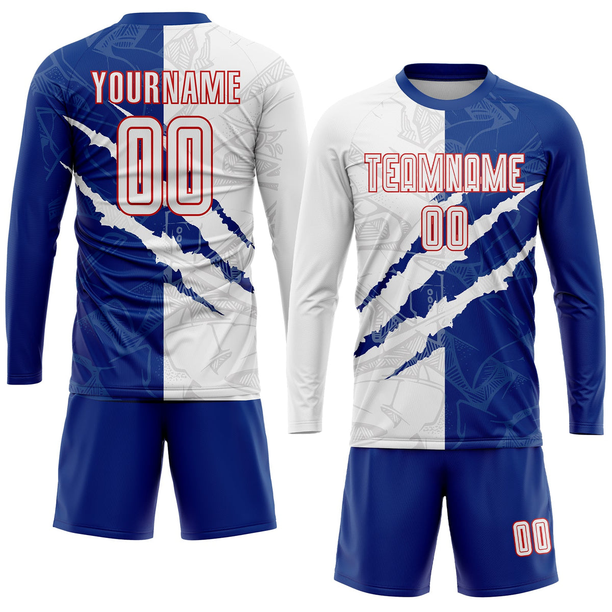 Custom Graffiti Pattern White Royal-Red Scratch Sublimation Soccer Uniform Jersey Limited