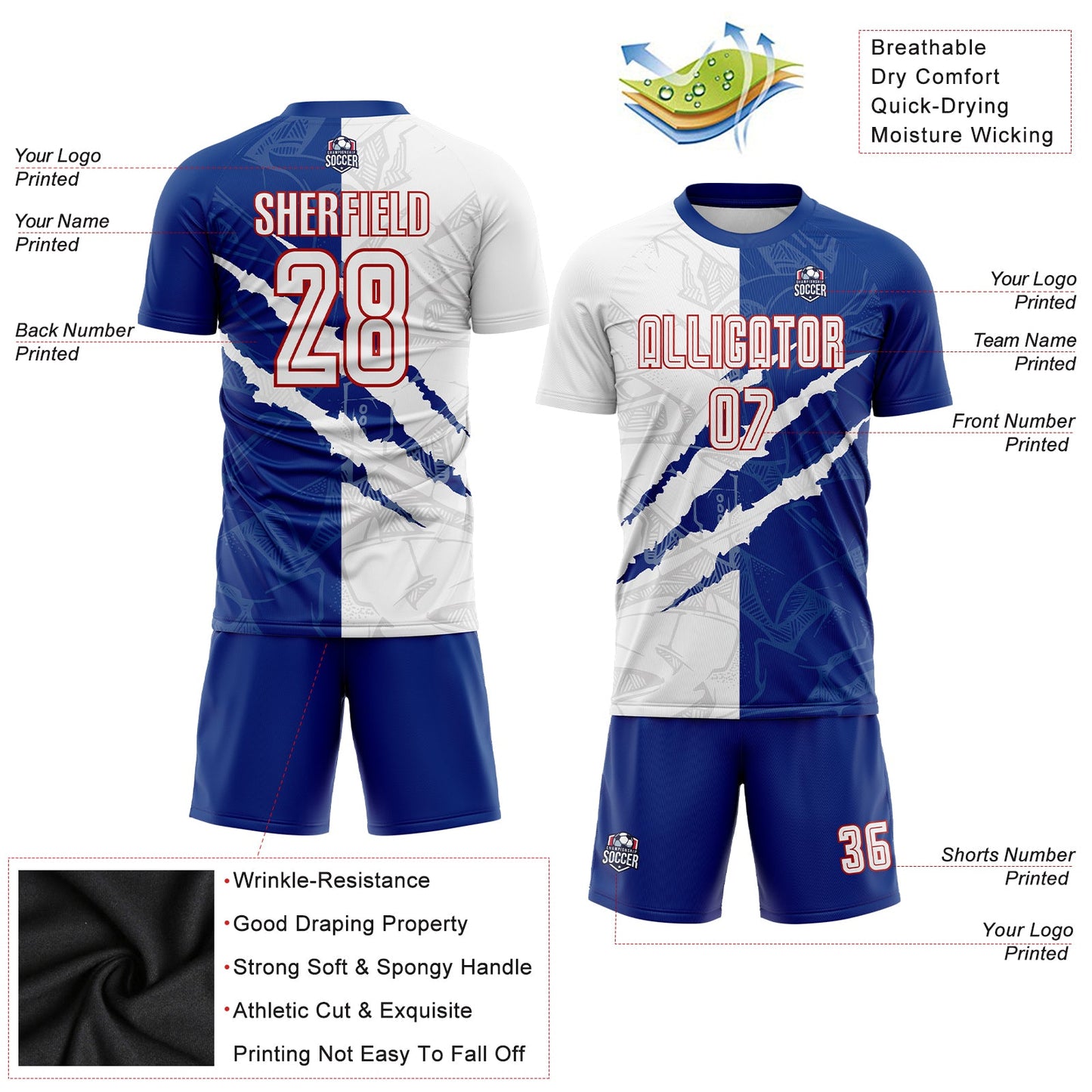 Custom Graffiti Pattern White Royal-Red Scratch Sublimation Soccer Uniform Jersey Limited