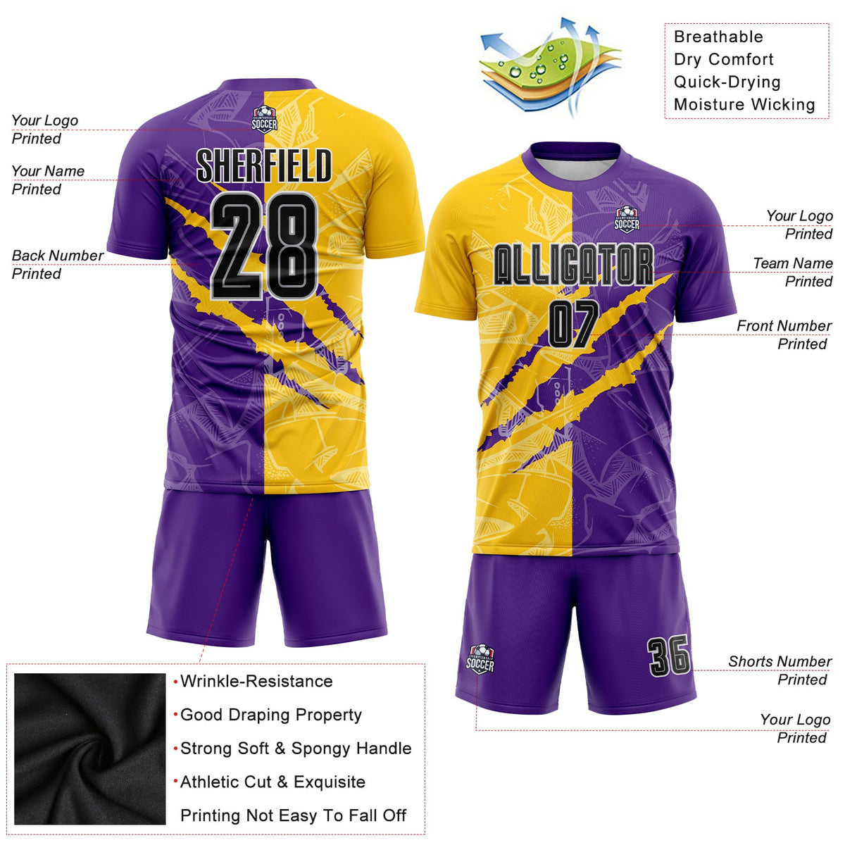 Custom Graffiti Pattern Black Purple Yellow-Gray Scratch Sublimation Soccer Uniform Jersey Limited
