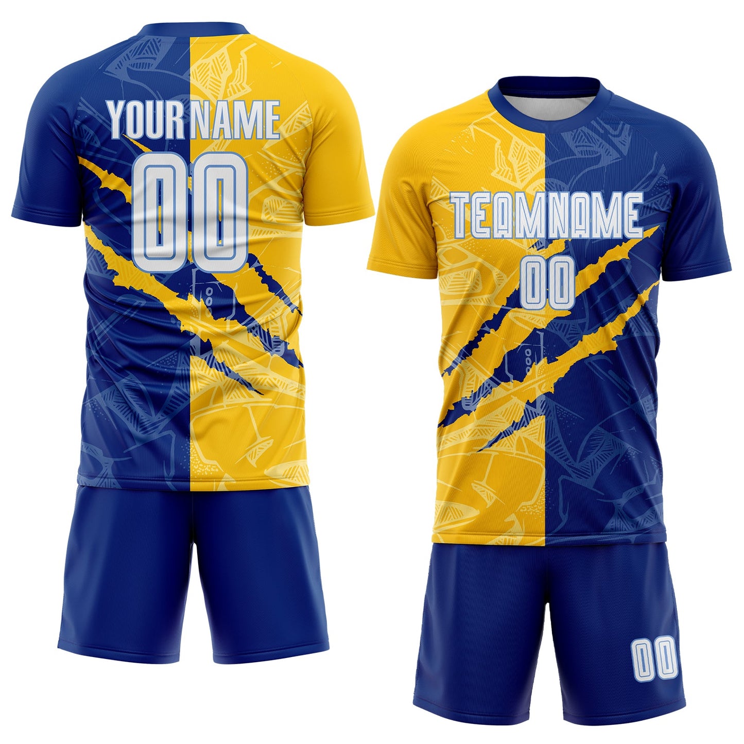 Custom Graffiti Pattern White Royal Yellow-Light Blue Scratch Sublimation Soccer Uniform Jersey Limited