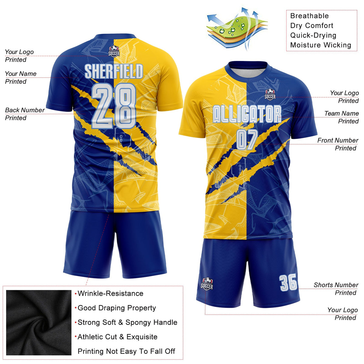Custom Graffiti Pattern White Royal Yellow-Light Blue Scratch Sublimation Soccer Uniform Jersey Limited
