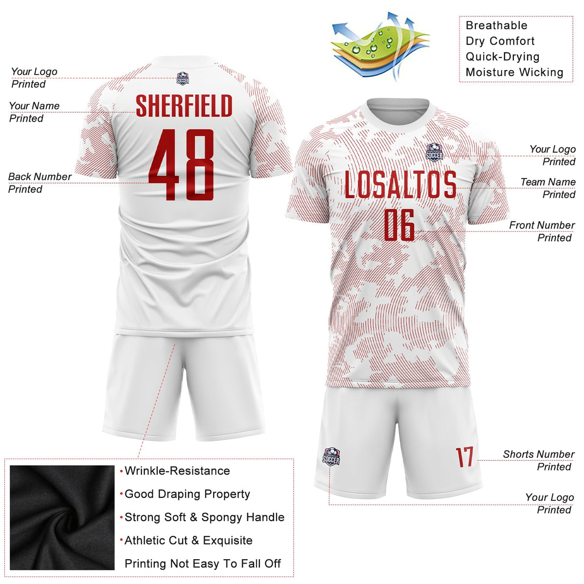 Custom White Red Sublimation Soccer Uniform Jersey Limited