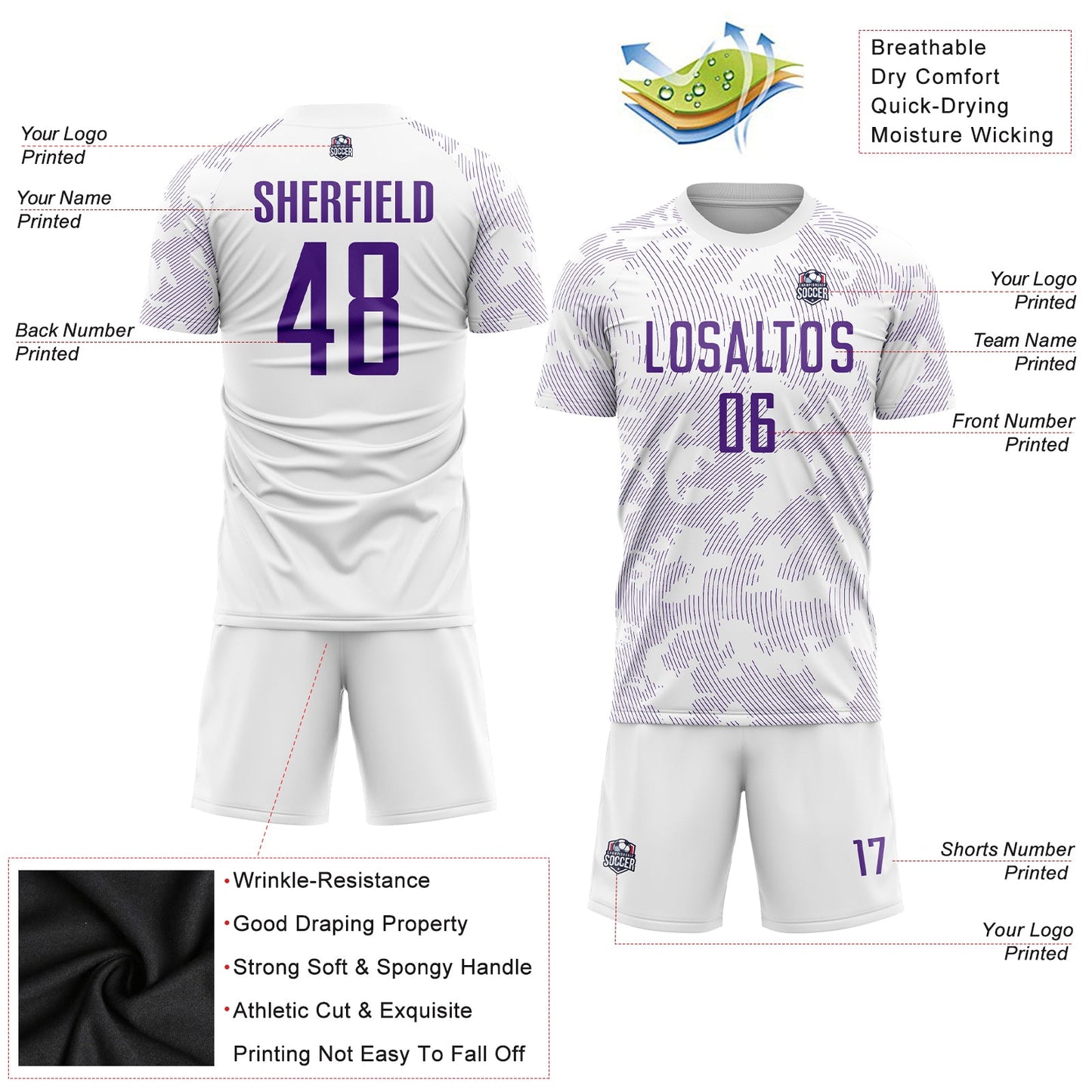Custom White Purple Sublimation Soccer Uniform Jersey Limited