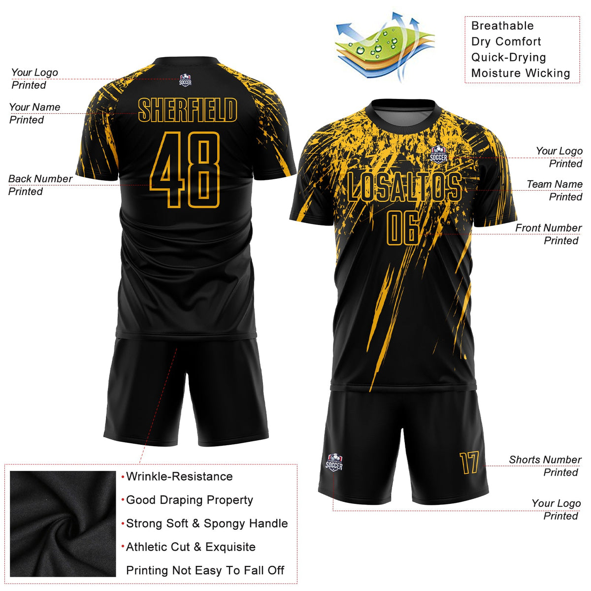 Custom Black Gold Sublimation Soccer Uniform Jersey Limited