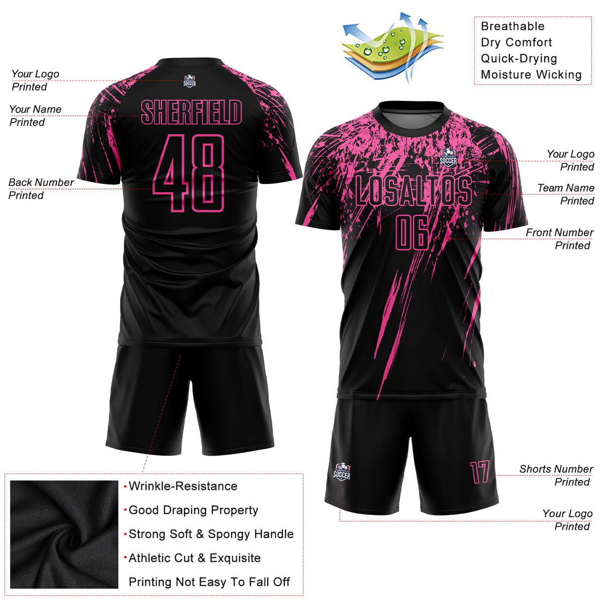 Custom Black Pink Sublimation Soccer Uniform Jersey Limited
