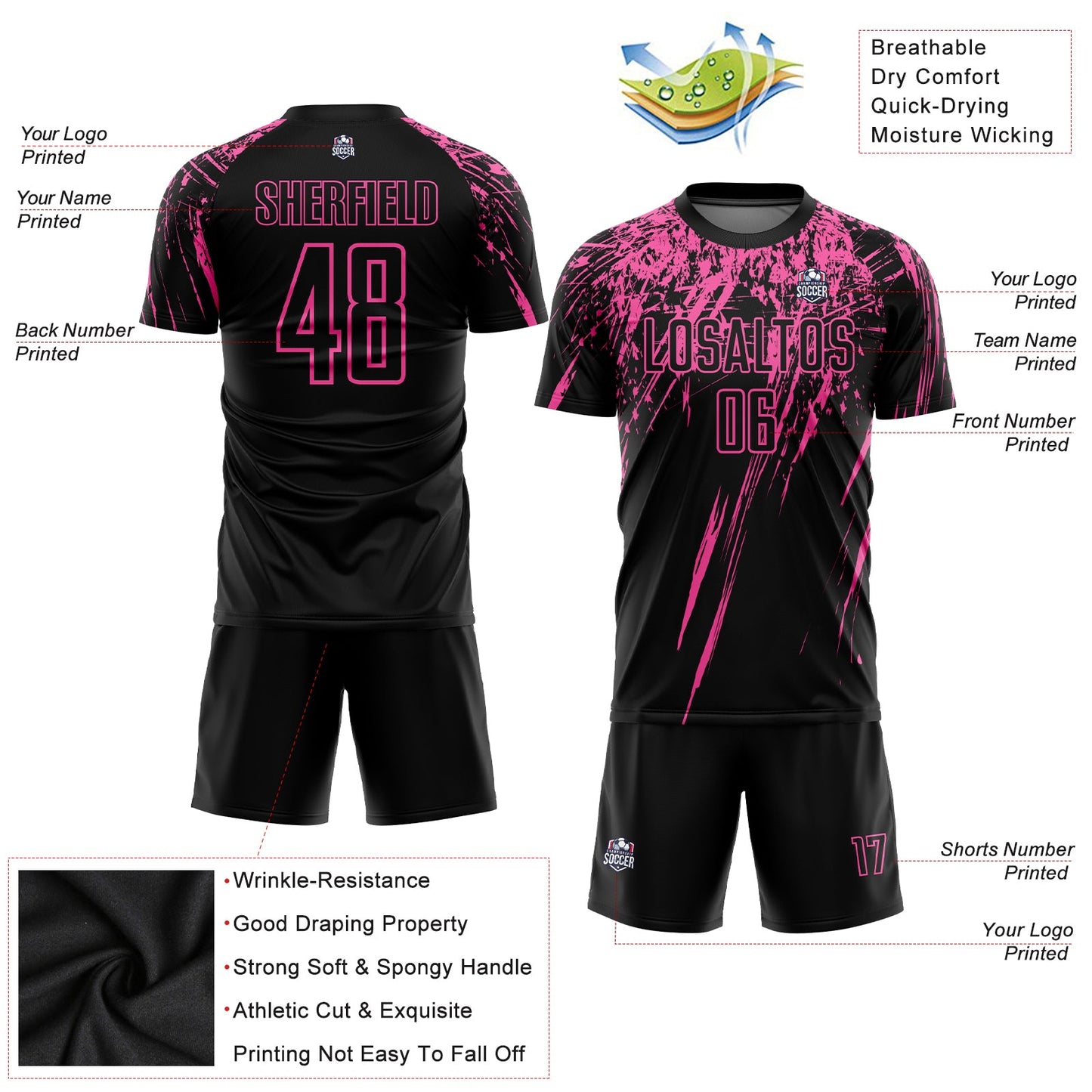 Custom Black Pink Sublimation Soccer Uniform Jersey Limited