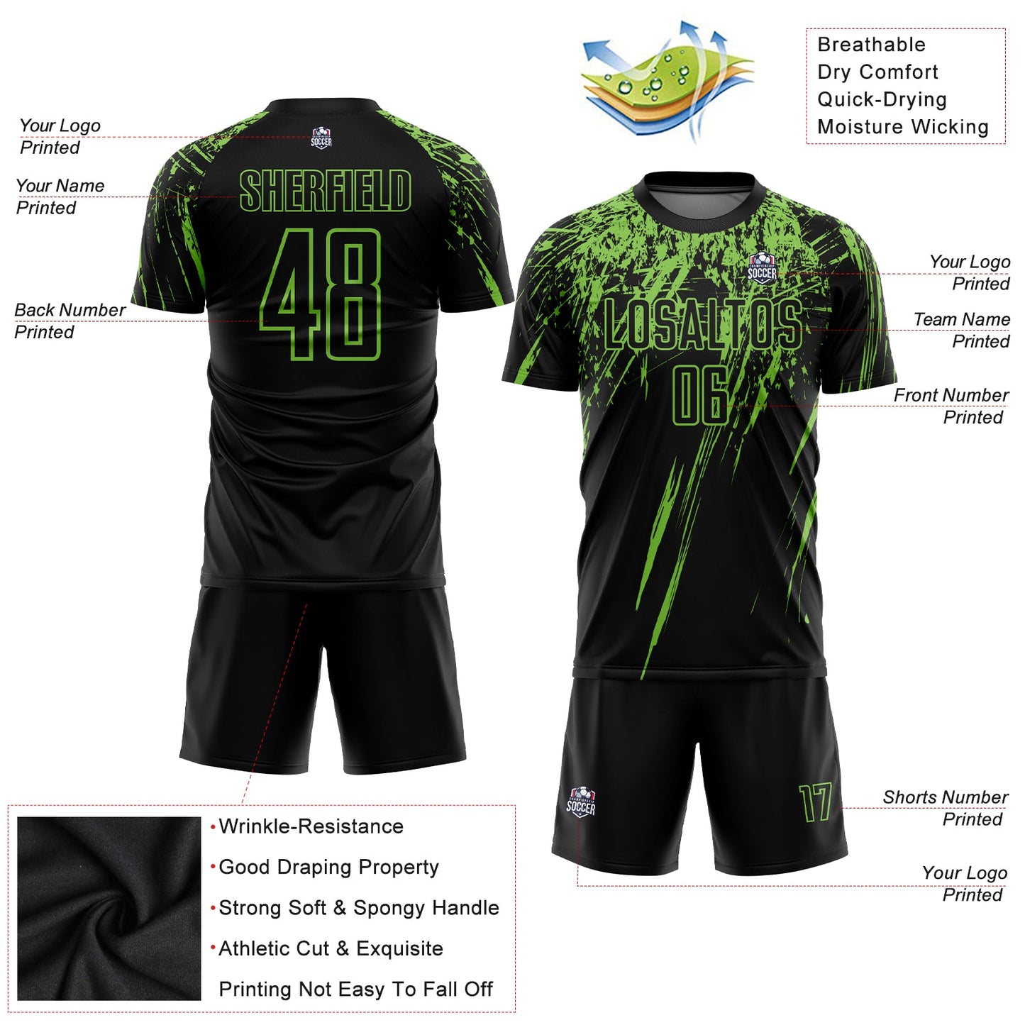 Custom Black Neon Green Sublimation Soccer Uniform Jersey Limited