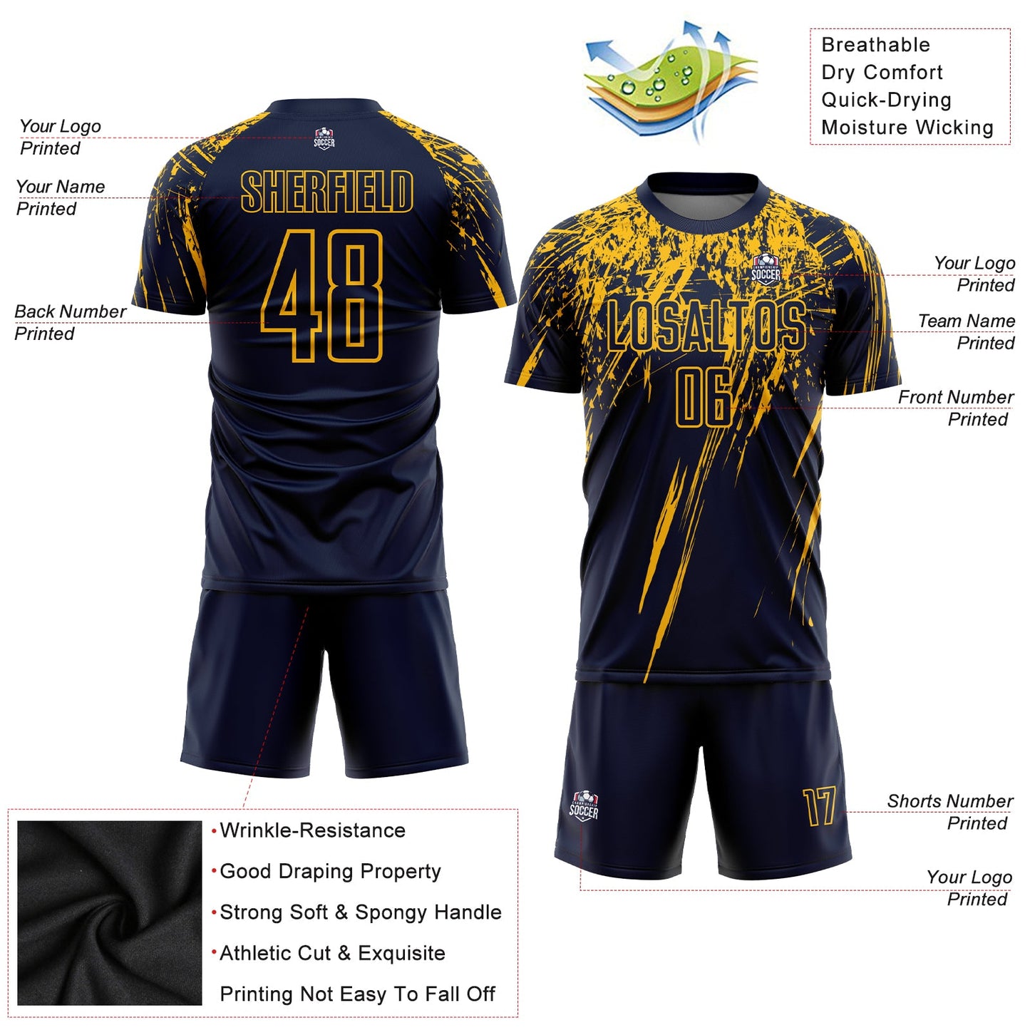 Custom Navy Yellow Sublimation Soccer Uniform Jersey Limited