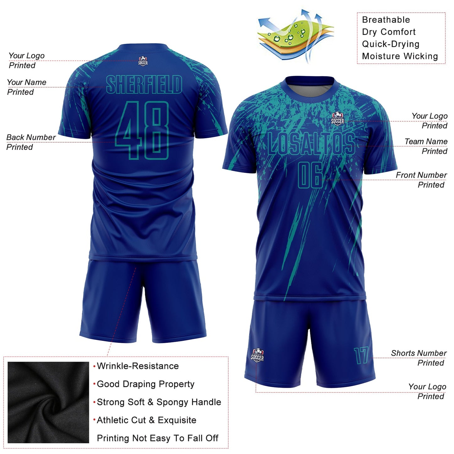 Custom Royal Teal Sublimation Soccer Uniform Jersey Limited
