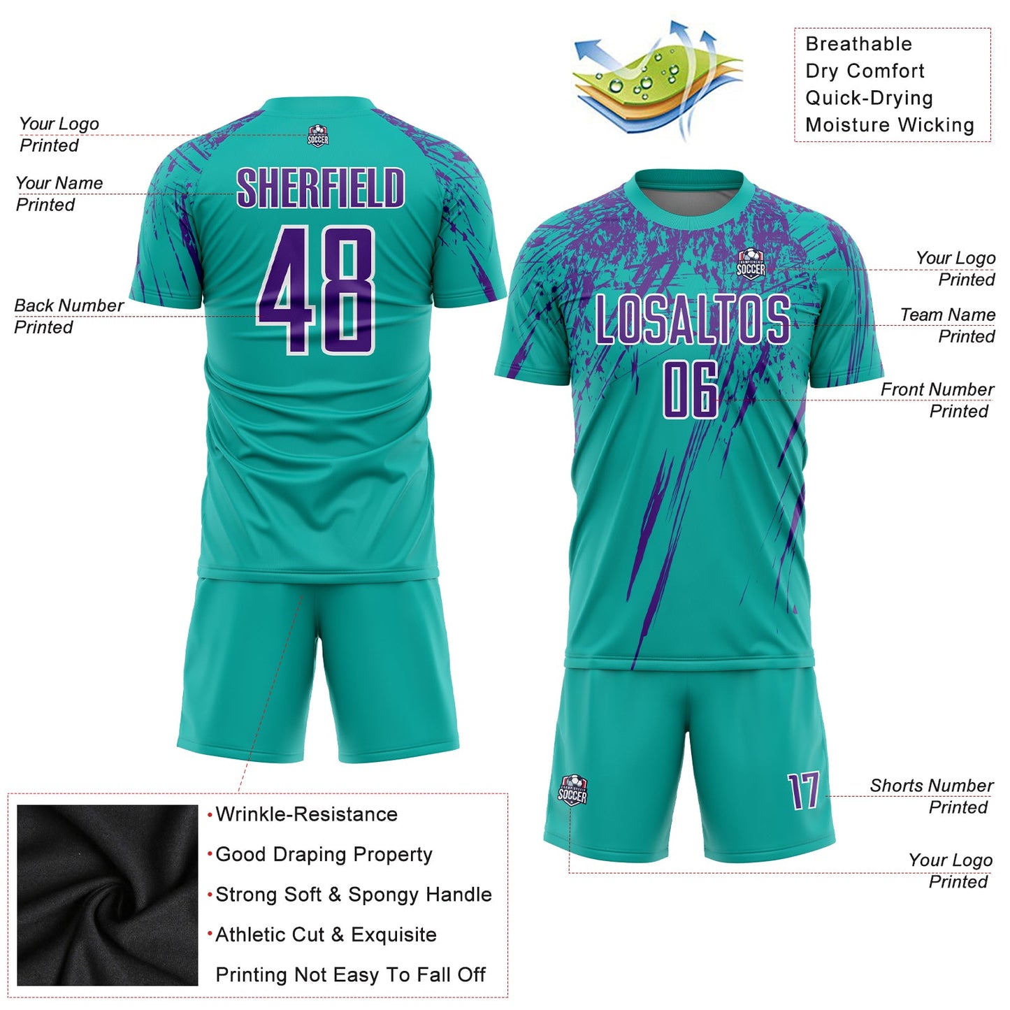 Custom Aqua Purple-White Sublimation Soccer Uniform Jersey Limited