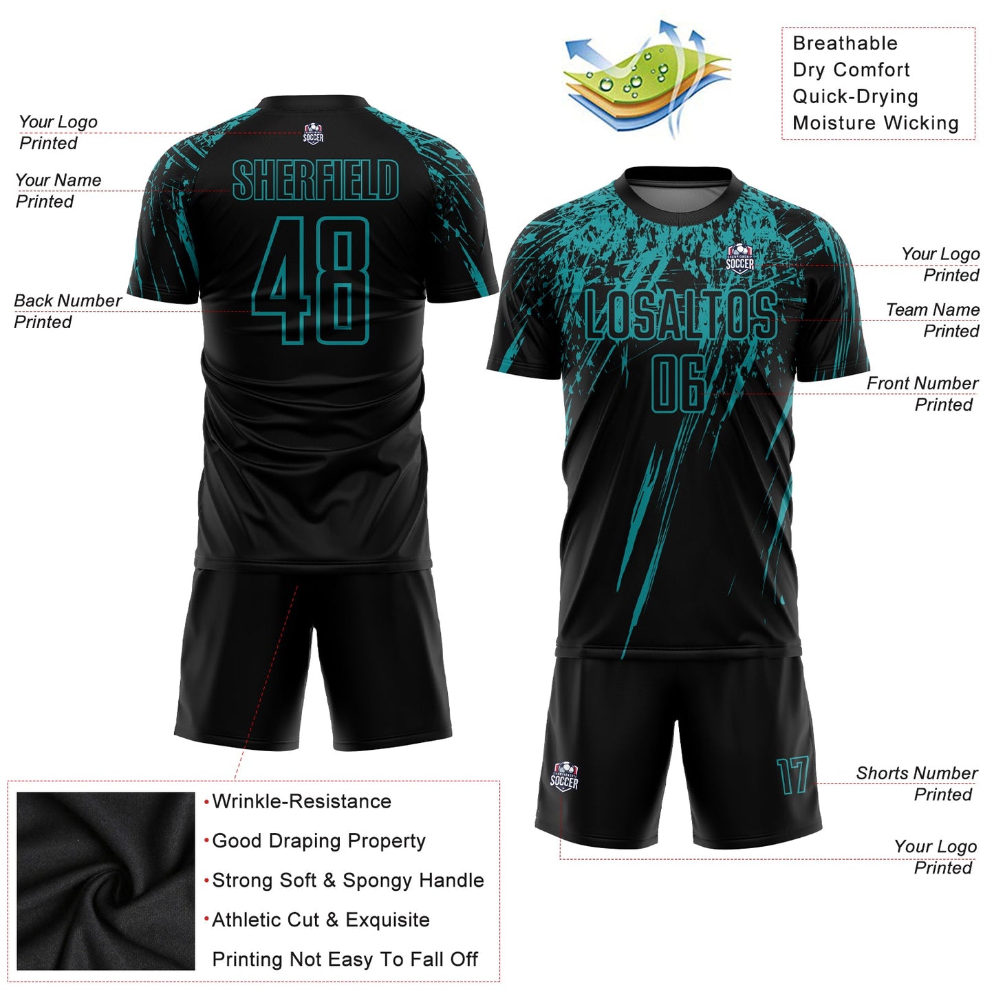 Custom Black Teal Sublimation Soccer Uniform Jersey Limited