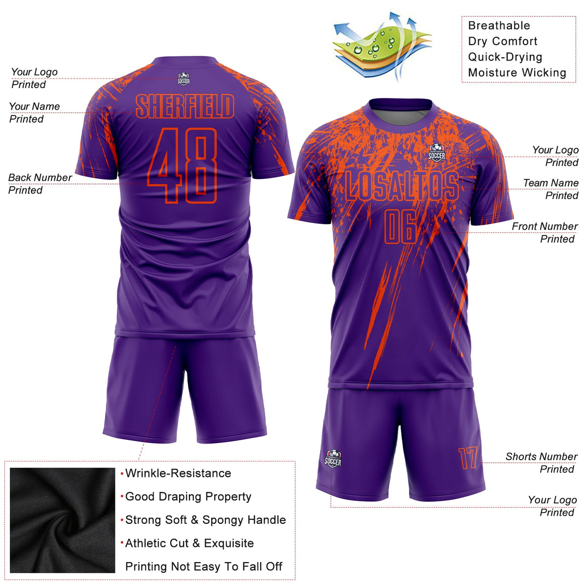 Custom Purple Orange Sublimation Soccer Uniform Jersey Limited