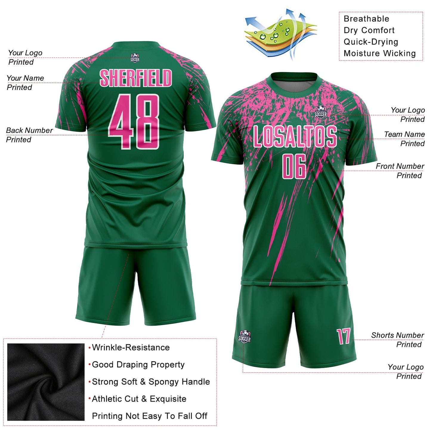 Custom Kelly Green Pink-White Sublimation Soccer Uniform Jersey Limited