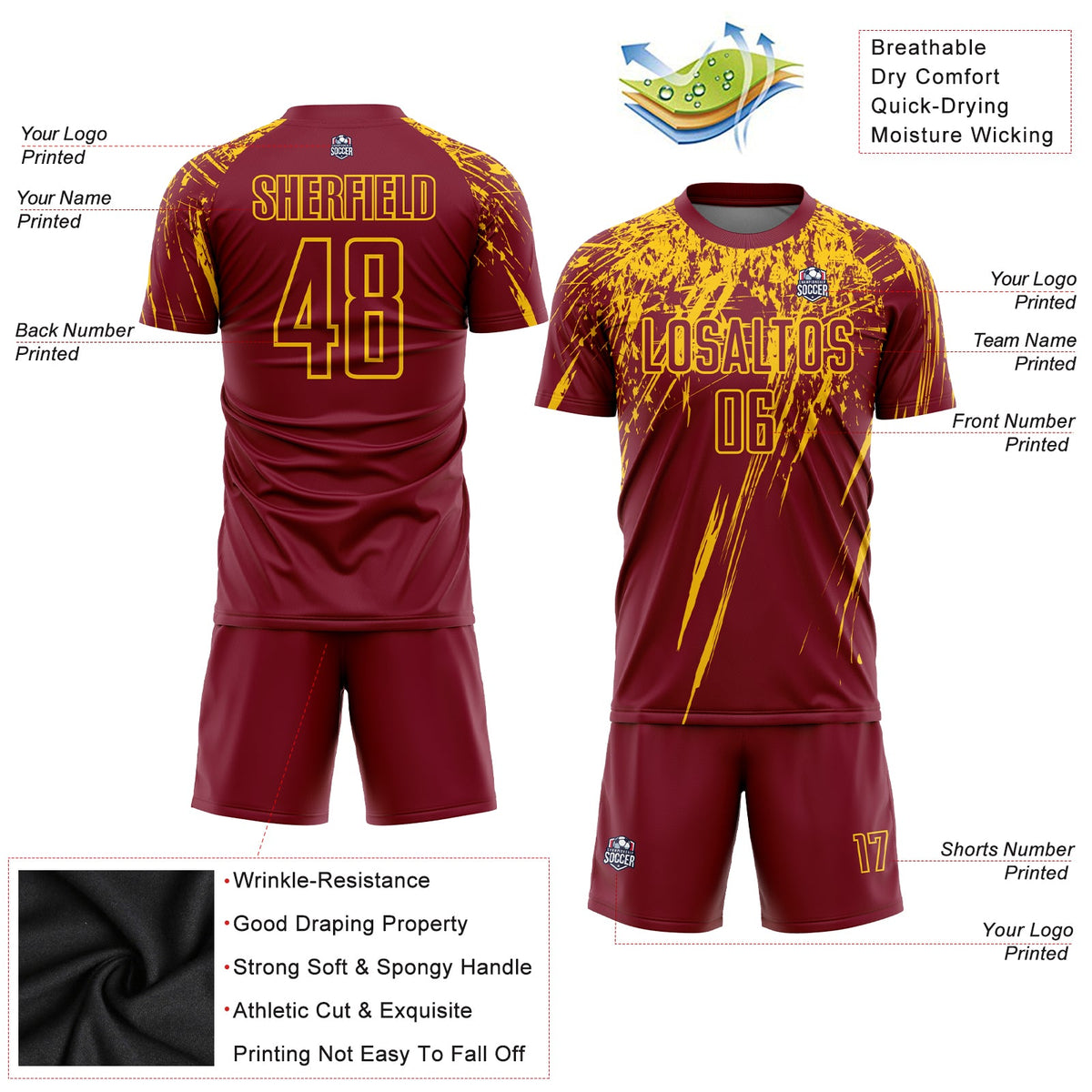 Custom Crimson Yellow Sublimation Soccer Uniform Jersey Limited