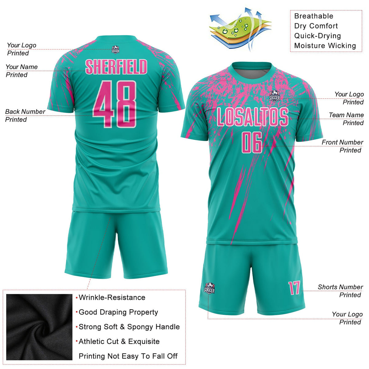 Custom Aqua Pink-White Sublimation Soccer Uniform Jersey Limited