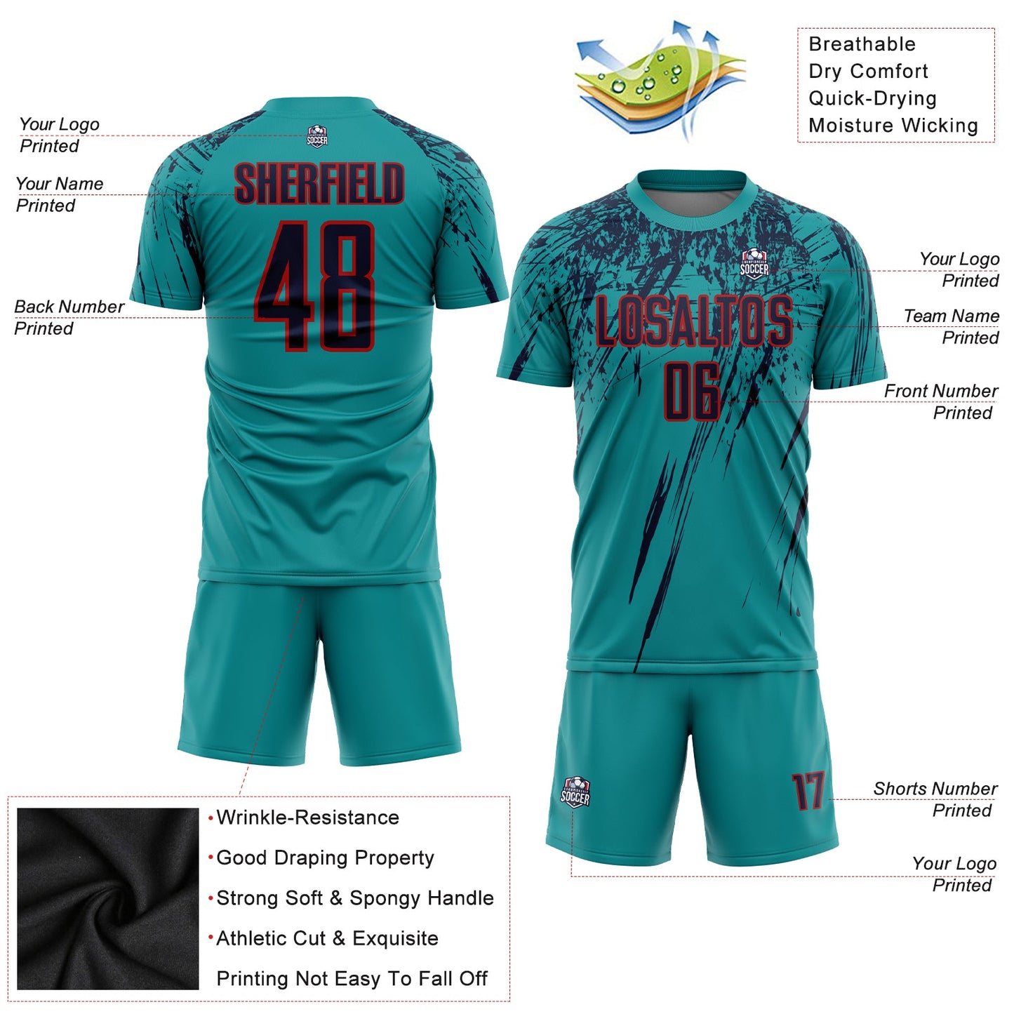 Custom Teal Navy-Red Sublimation Soccer Uniform Jersey Limited