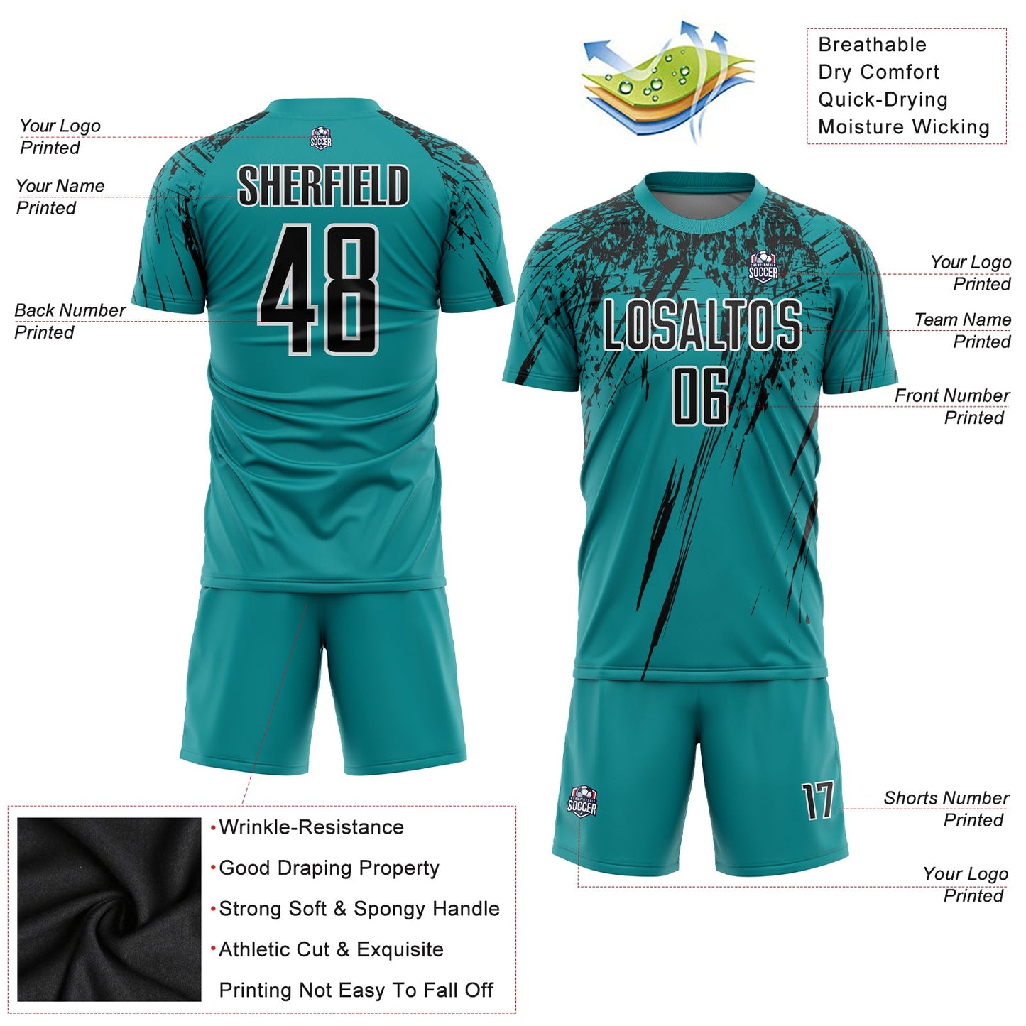 Custom Teal Black-White Sublimation Soccer Uniform Jersey Limited