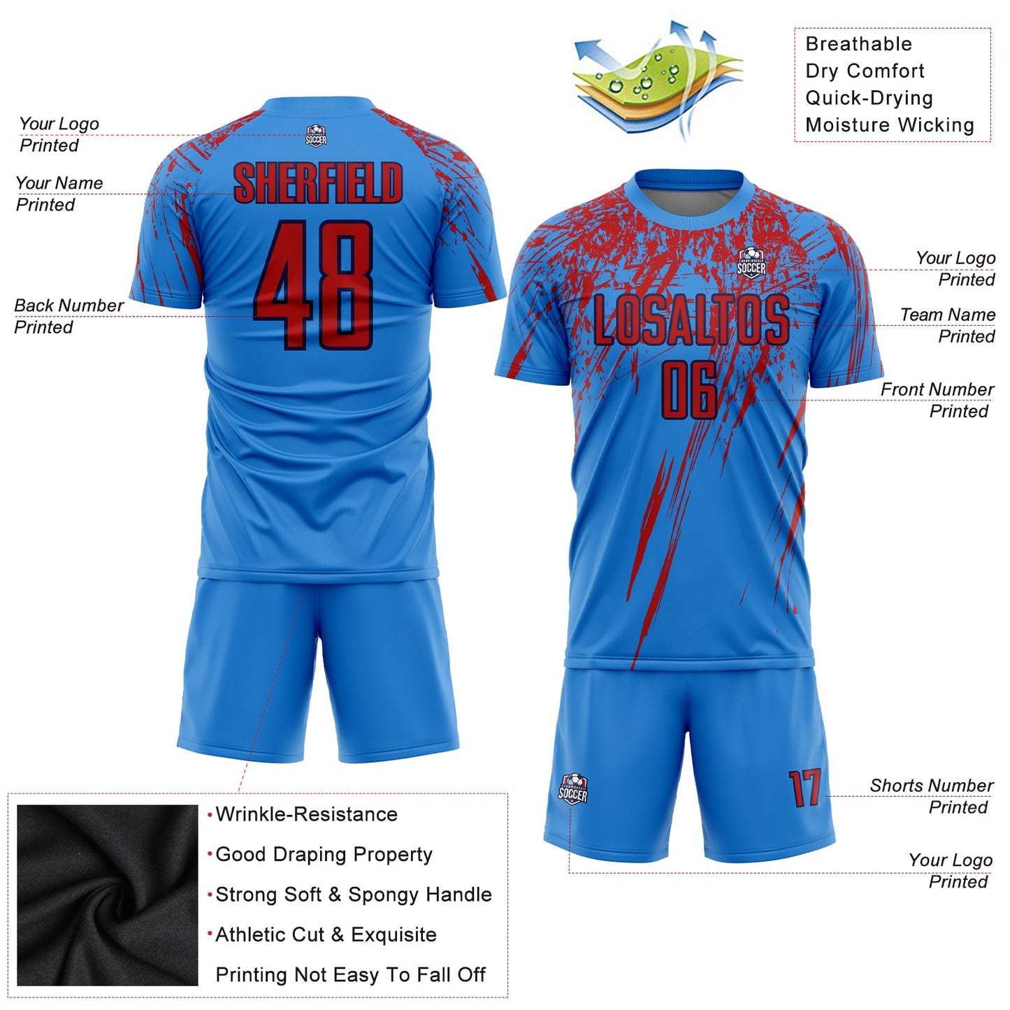 Custom Powder Blue Red-Navy Sublimation Soccer Uniform Jersey Limited