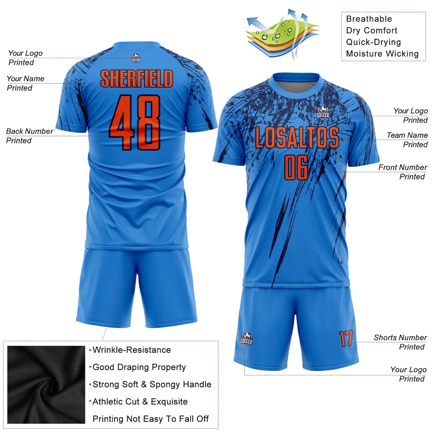 Custom Powder Blue Orange-Navy Sublimation Soccer Uniform Jersey Limited