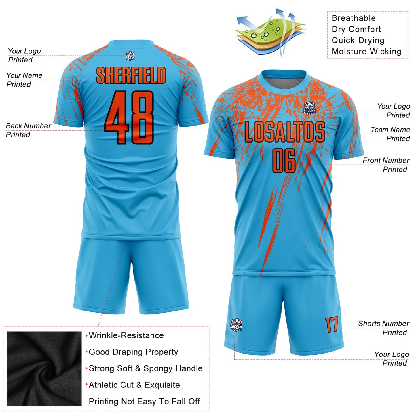 Custom Sky Blue Orange-Black Sublimation Soccer Uniform Jersey Limited