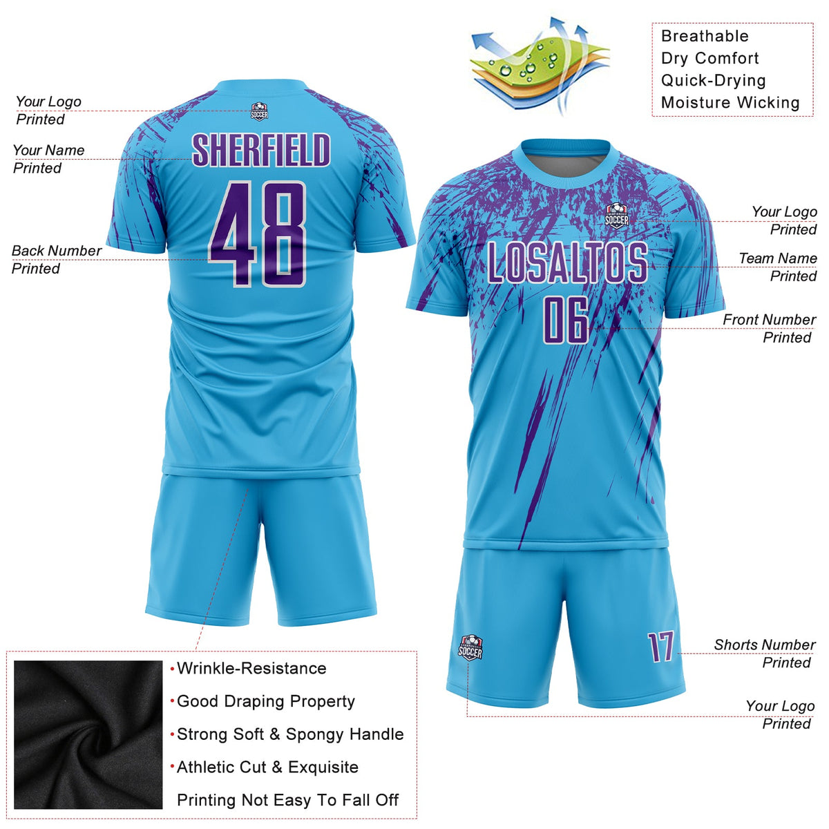 Custom Sky Blue Purple-White Sublimation Soccer Uniform Jersey Limited