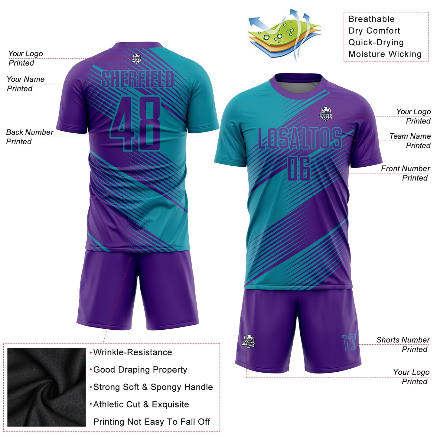 Custom Teal Purple Sublimation Soccer Uniform Jersey Limited