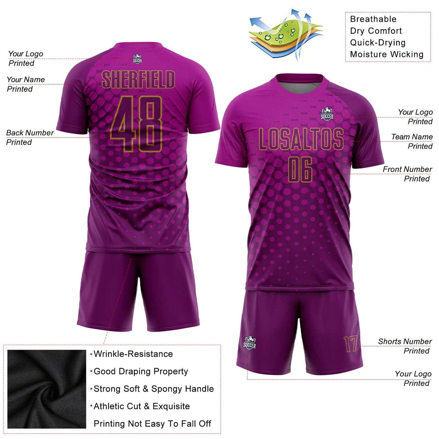 Custom Deep Pink Purple-Old Gold Sublimation Soccer Uniform Jersey Limited