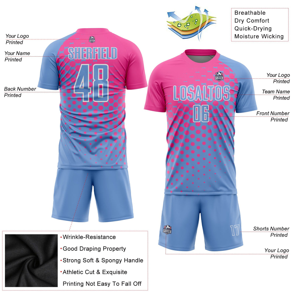 Custom Light Blue Pink-White Sublimation Soccer Uniform Jersey Limited