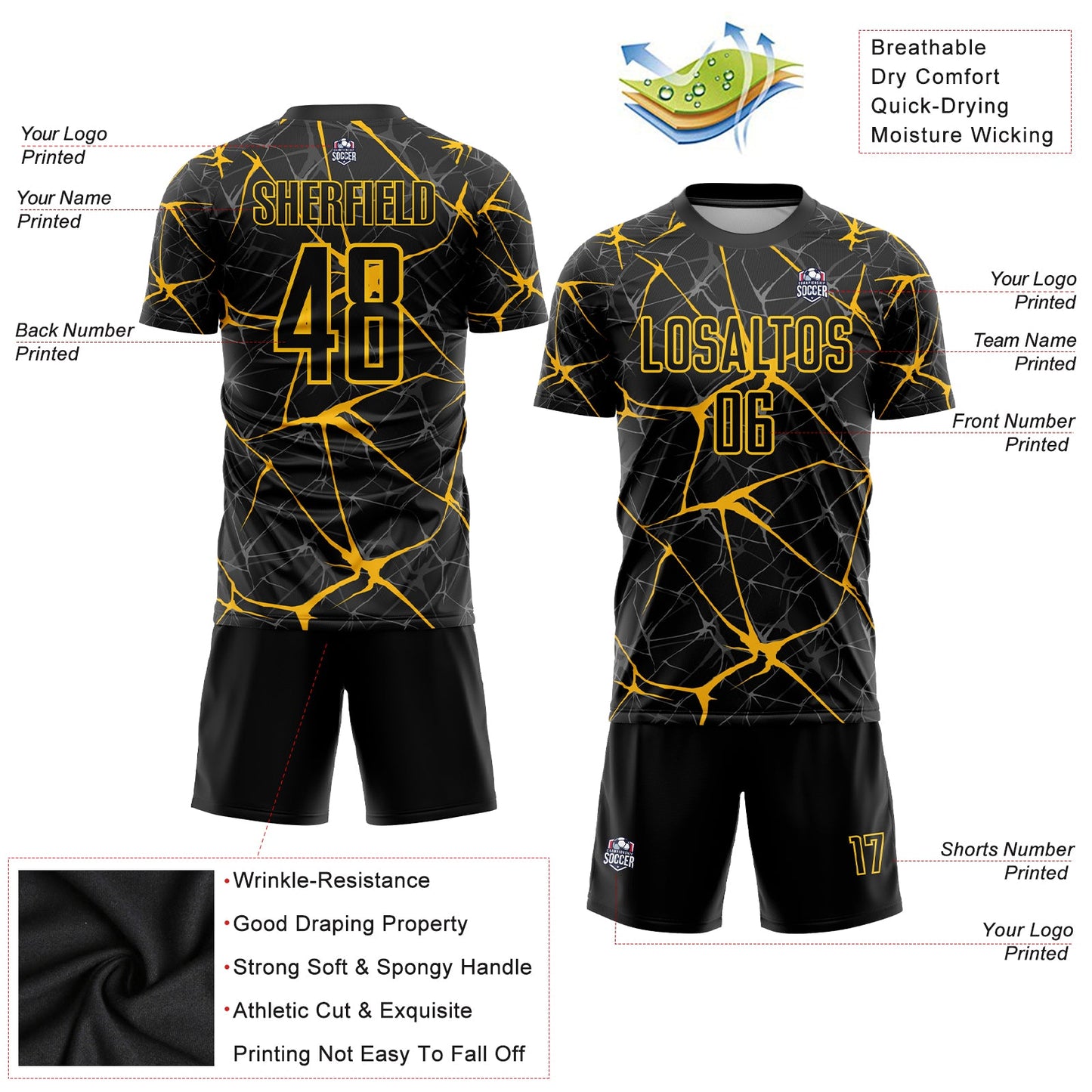 Custom Black Yellow Sublimation Soccer Uniform Jersey Limited