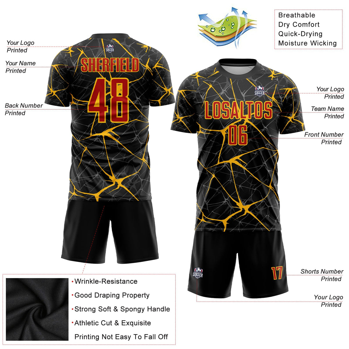 Custom Black Red-Gold Sublimation Soccer Uniform Jersey Limited