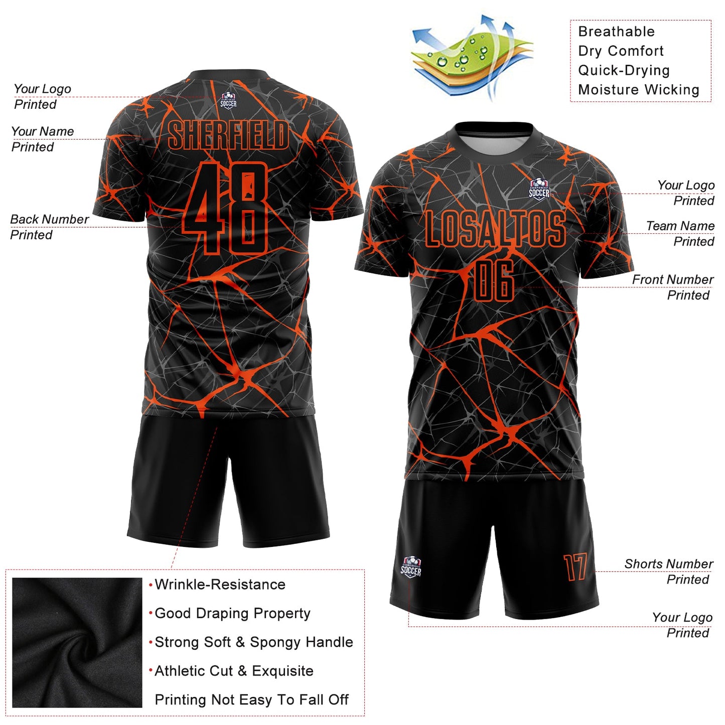 Custom Black Orange Sublimation Soccer Uniform Jersey Limited