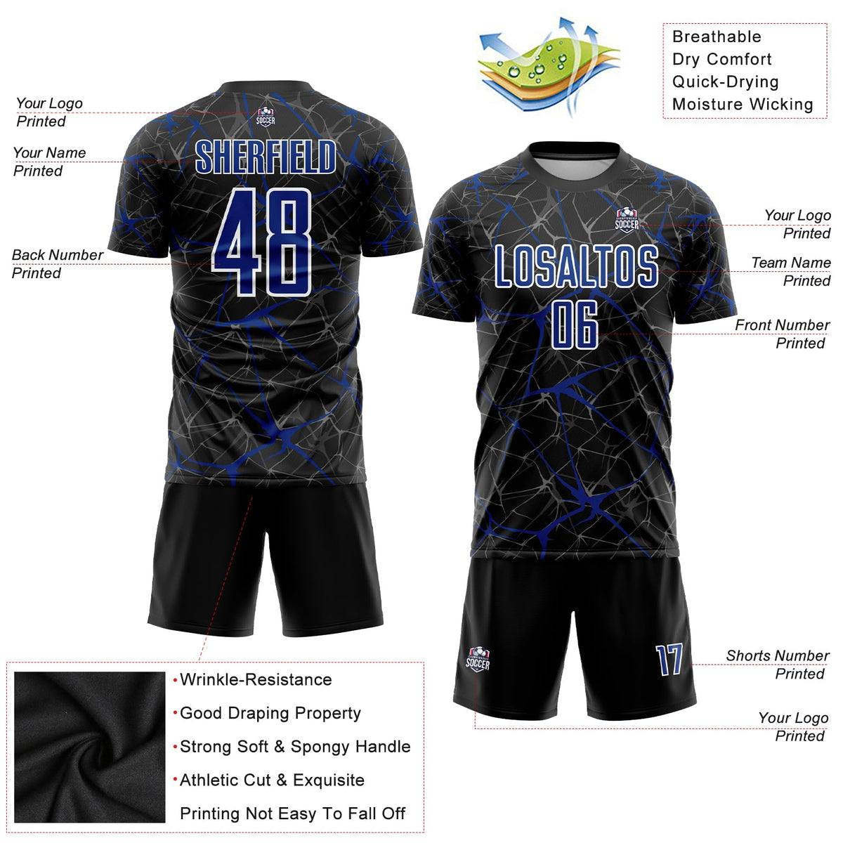 Custom Black Royal-White Sublimation Soccer Uniform Jersey Limited