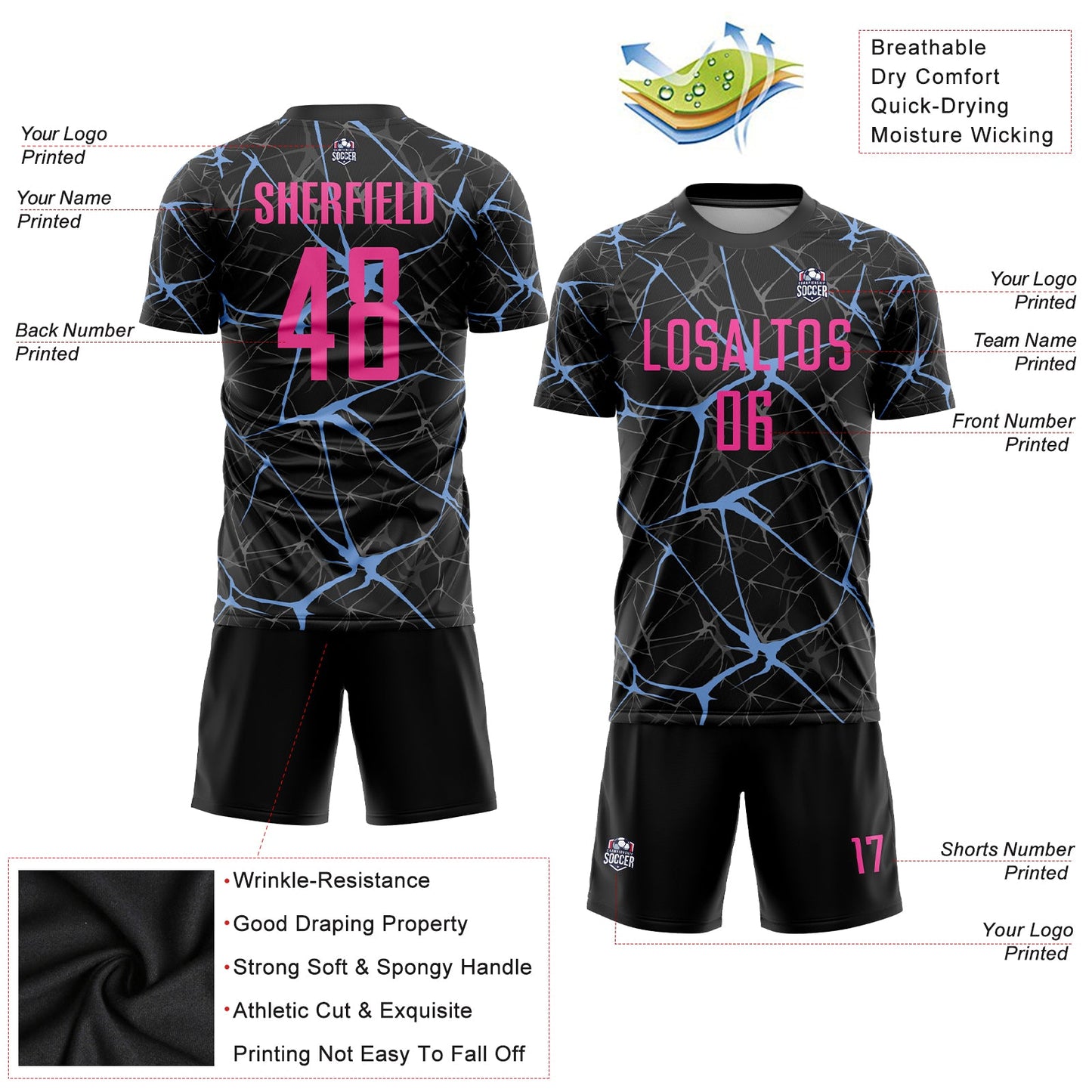 Custom Black Pink-Light Blue Sublimation Soccer Uniform Jersey Limited