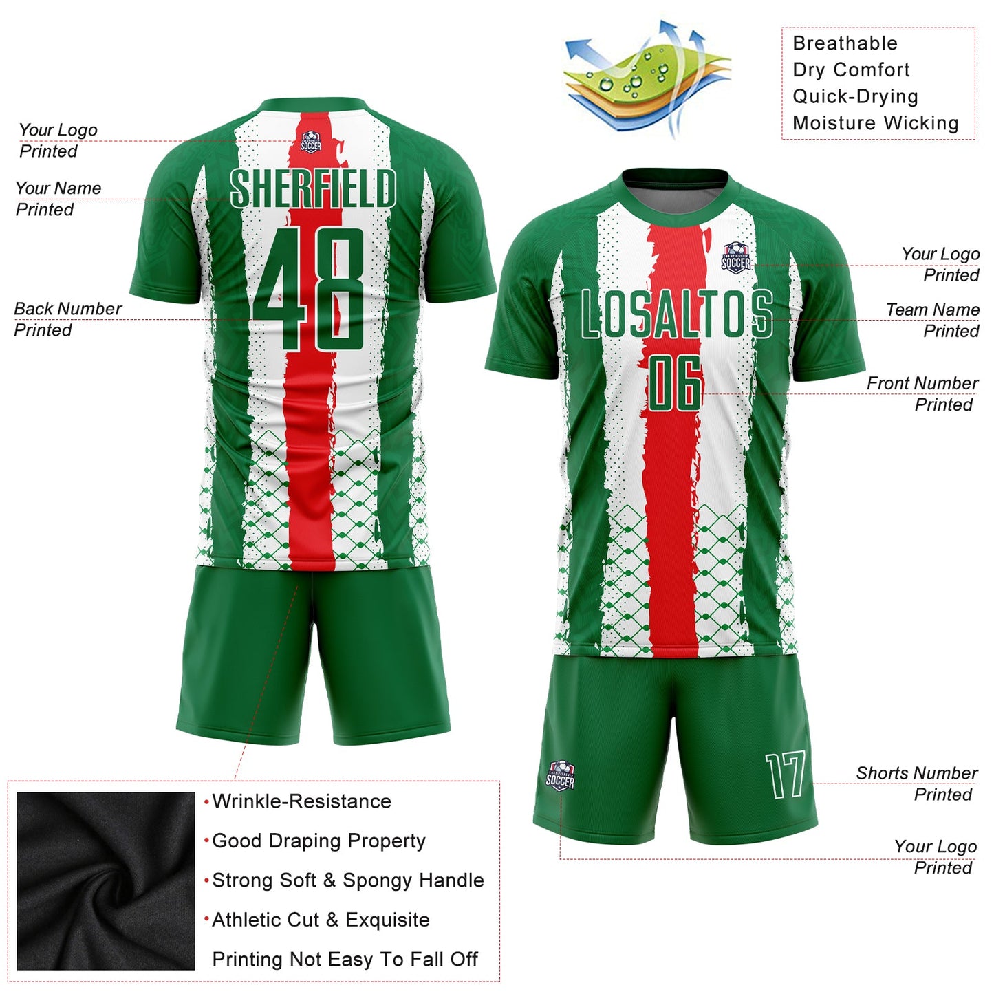 Custom Kelly Green Red-White Sublimation Mexico Soccer Uniform Jersey Limited