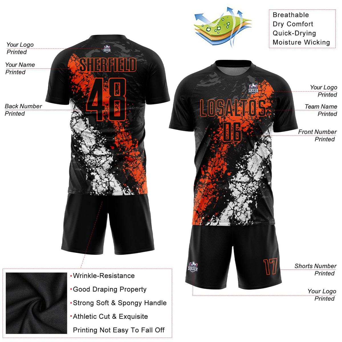 Custom Black Orange-White Sublimation Soccer Uniform Jersey Limited