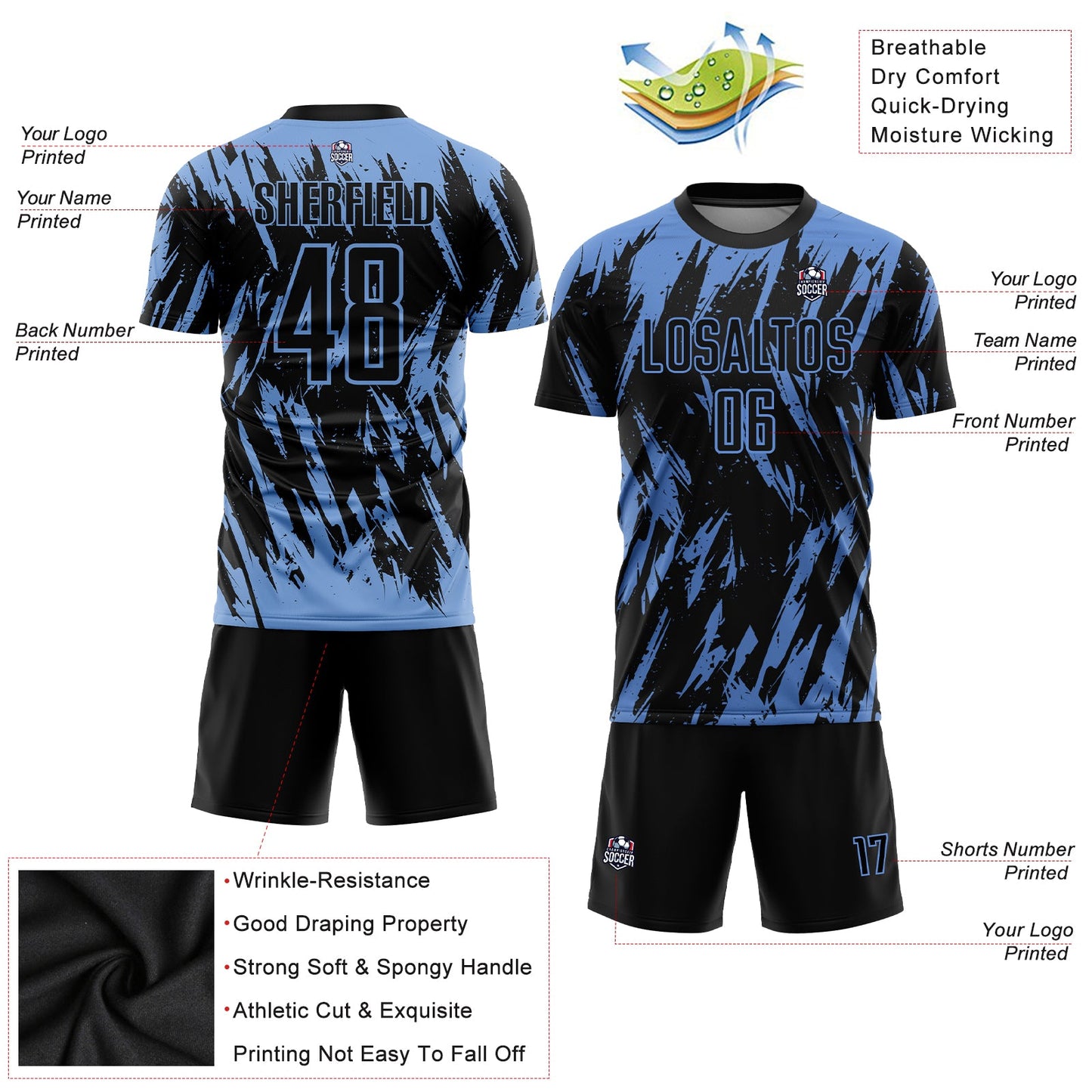 Custom Light Blue Black Sublimation Soccer Uniform Jersey Limited