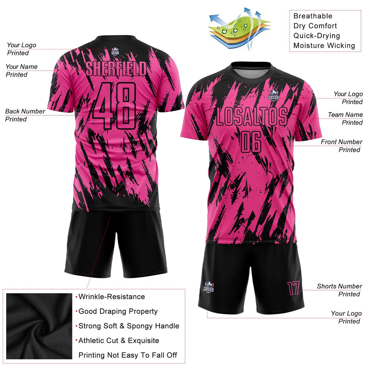 Custom Pink Black Sublimation Soccer Uniform Jersey Limited