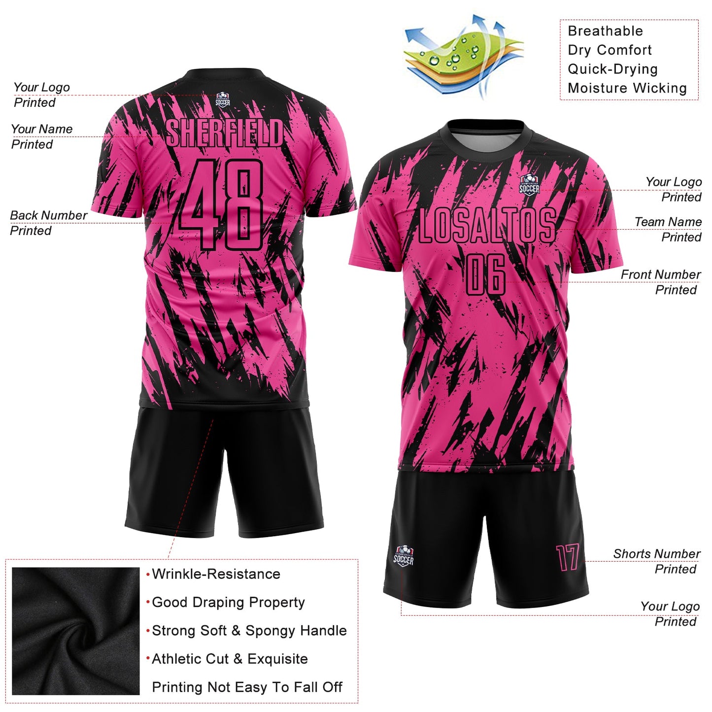 Custom Pink Black Sublimation Soccer Uniform Jersey Limited